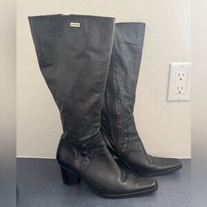 Santorini Black Leather Tall Square Toe Boots Y2K Chunky Heel 90s Size 38 / 7